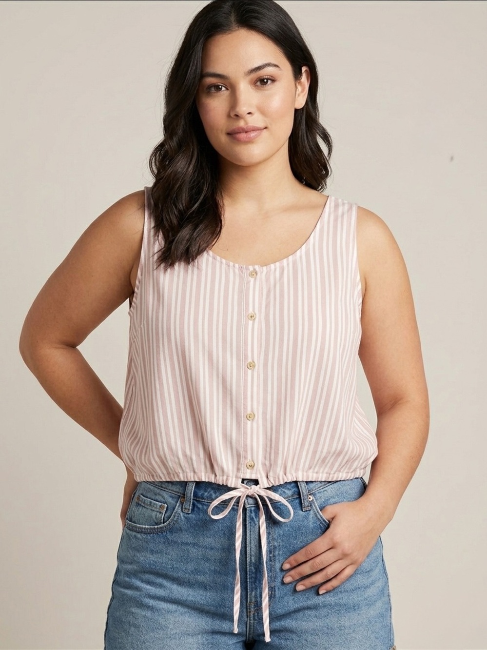dip Pink and White Striped Button-Up Tie-Front Tank Top Medium